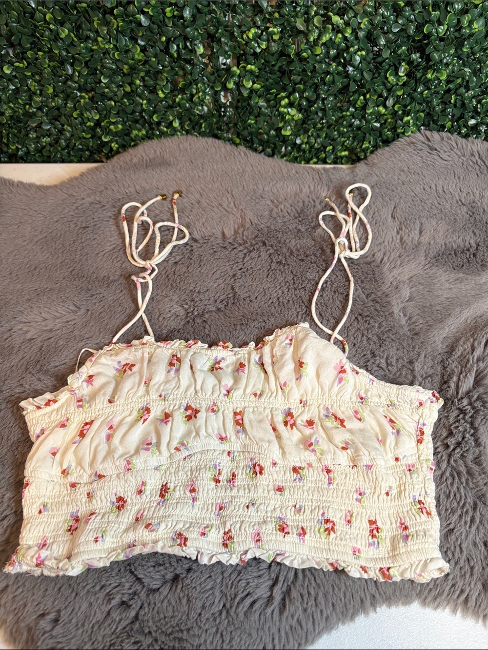 Free People Cream Smocked Floral Tie-Strap Crop Camisole Size Small